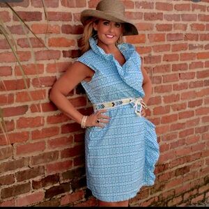Dizzy Lizzie Ruffle Wrap Dress Blue Isle Print Sleeveless Colorful Belt Size M